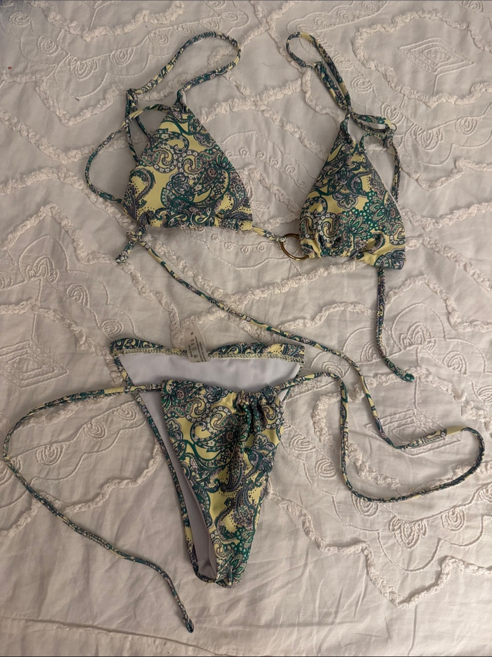 SHEIN Green and Yellow Paisley String Bikini Set
